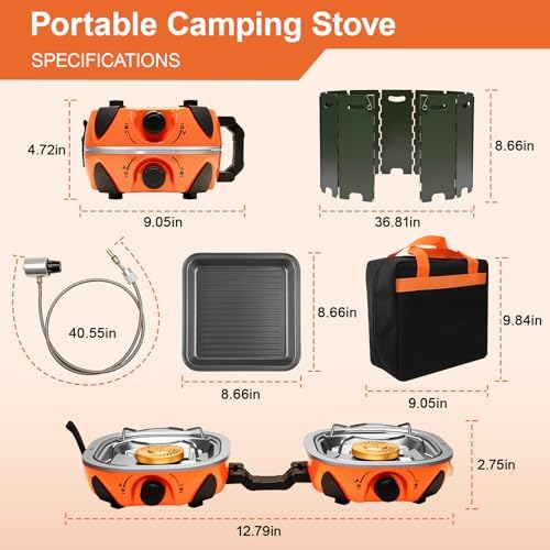 2 Burner Propane Camping Stove with Windshield,20,000 BTUs Folding Portable Camp Stove with Frying Pan,Carrying Bag,Dual Gas Stoves Easy Carrying for Tailgating,Camping,BBQ (Orange, Medium)