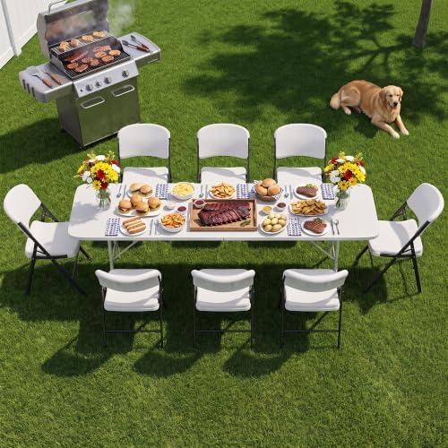 HULKFIT Portable 8-Piece Folding Table and Chairs Set, Heavy Duty 8ft Camping & Party Furniture for Indoor Outdoor Events, White