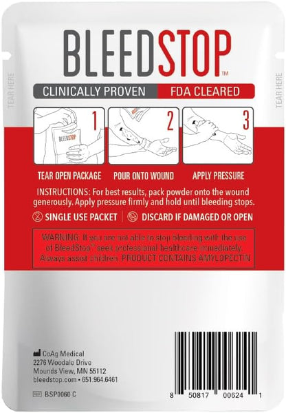 BleedStop™ First Aid Powder for Blood Clotting, Trauma Kit, Blood Thinner Patients, Camping Safety, and Survival Equipment for Moderate to Severe Bleeding Wounds or Nosebleeds - 1 (60g) Pouch