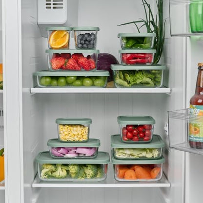 Glass Food Storage Containers with Lids — 6 Piece — 26.5 oz & 40.57 oz Glass with BPA-Free Leak Resistant Stackable Lids — Microwave, Oven & Dishwasher Safe — Ideal for Meal Prep & More - Soft Sage