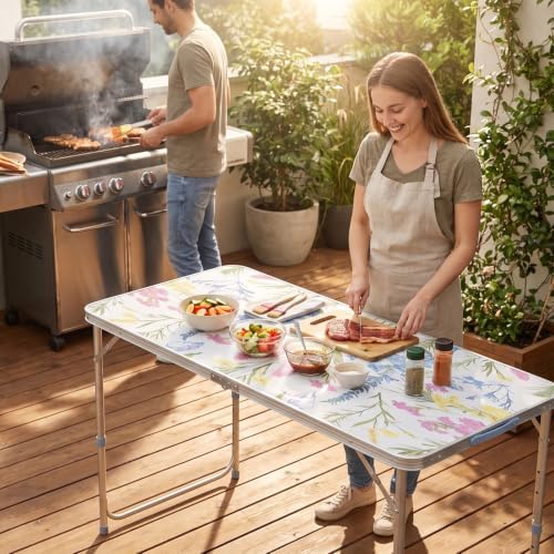 VINGLI 4FT White Folding Table with Carrying Handle Height Adjustable Lightweight Fold Up Portable for Indoor Outdoor Picnic,Camping,Hiking,Fishing,BBQ …