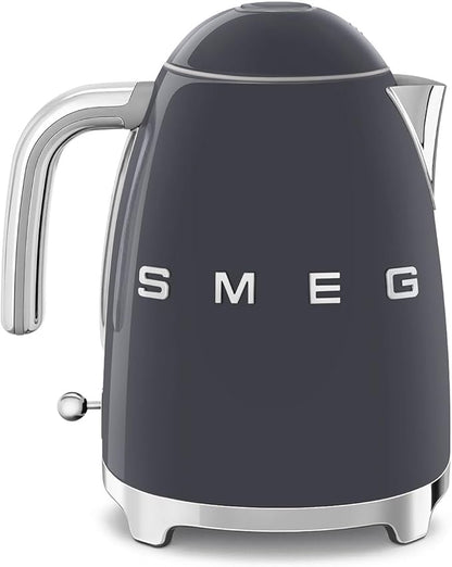SMEG KLF03 7 Cup Electric Water Kettle, Retro-Style, Soft-Opening Lid, Auto Shut-Off, 360° Swivel Base – Grey