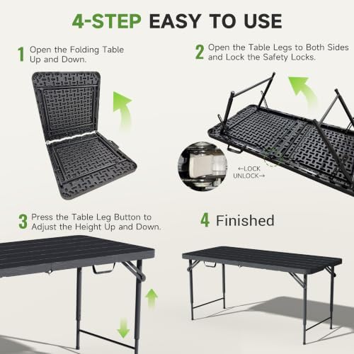 4FT Folding Table, 3 Adjustable Height & Heavy Duty, Double-Layer HDPE with Steel Legs, Foldable Table for Camping, Parties, Picnics, Black Wood Grain, 1 Pack