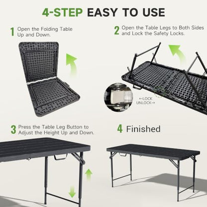 4FT Folding Table, 3 Adjustable Height & Heavy Duty, Double-Layer HDPE with Steel Legs, Foldable Table for Camping, Parties, Picnics, Black Wood Grain, 1 Pack