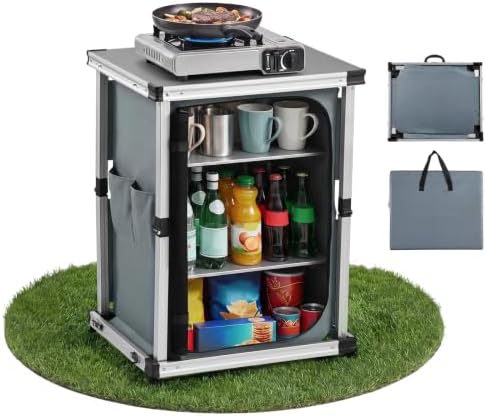 VEVOR Folding Camping Storage Cabinet, Outdoor Portable Aluminum Lightweight Table, Quick Set-up Compact Kitchen Cook Station, with 3 Shelves and Carry Bag, for Picnic, BBQ, Camping, RV Traveling