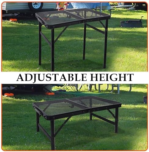 FORUP Small Folding Table, Camping Table with Mesh Desktop, Portable Picnic Table with Carry Handle, Height Adjustable Portable Grill Table for Outside Inside Use
