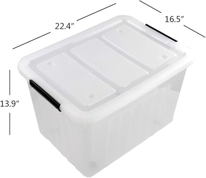 70 L Clear Plastic Large Storage Box with Wheels, Set of 4 LargeLatch Plastic Box for Storage