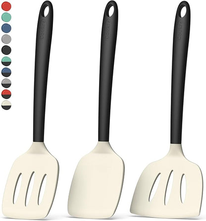 Coukre 3 Pack Silicone Spatula Set, High Heat Resistant, BPA-Free, Fish Spatula, Solid & Slotted Turner for Non-Stick Pans, Flipping Eggs, Pancakes, Fish, Burgers (3, BeigeBlack)