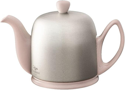 Degrenne Salam Luxury French Tea Pot - Porcelain Teapot with Brushed Aluminum Cover, Ceramic Tea Kettle for Loose Tea, Removable Infuser, 4 Cup Capacity, 24oz - Pink