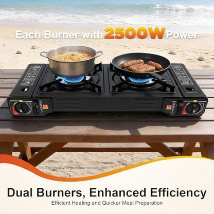2 Burner Portable Butane Camping Stove, Dual Fuel Stove with Adjustable Burners, Automatic ignition Camping Stove with Butane & Propane Compatibility for Camping Home Backyard Cooking