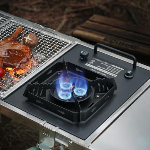 Portable Camping Stove, 25591 BTU, Folding Gas Stove, 304 Stainless Steel, Windproof, Electronic Ignition, Rotary Flame Control, Carry Bag Included, Matte Black, for IGT Table, Outdoor & RV Cooking.
