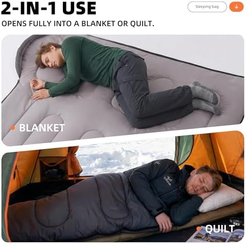 Double Sleeping Bags Queen Size for Adults Camping with 2 Pillows