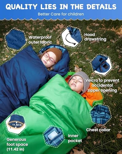 KingCamp 45°F Kids Sleeping Bag, 100% Flannel Sleeping Bag for 10-12 Child
