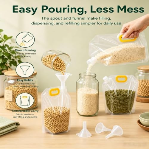 Airtight Grain Storage Bags with Handle, 5 Pack Large Capacity Cereal Containers Storage, Moisture-Proof Stand-Up Dry Food Pouches, Reusable Rice Sealed Container for Kitchen & Pantry (10PCS, 1.5)