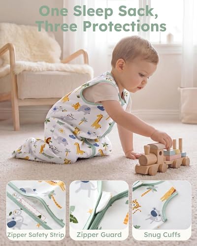 Baby Sleep Sack 6-12 Months 0.5 TOG, 100% Cotton Baby Wearable Blanket 2 Pack with 2-Way Zipper, Lightweight Sleep Bag for Boys ＆ Girls Newborn Infant Breathable Sleeing Sack Green Animal