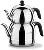 Korkmaz 18/10 Ci/Ni Stainless Steel Retro Teapot Set, Black Handles, Top Pot 1.1 Lt, Bottom Kettle 2.5 Lt
