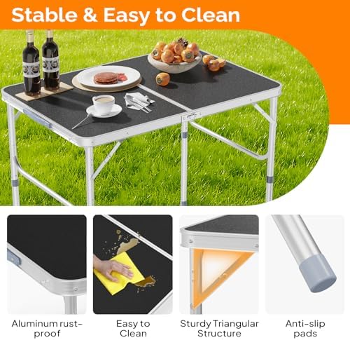 VINGLI 3FT Small Camping Table Adjustable Height Aluminum Folding Table for Picnic Party BBQ, Plastic RV Suitcase Table Portable Lightweight Fold Up Utility Outdoor Tables with Carrying Handle …