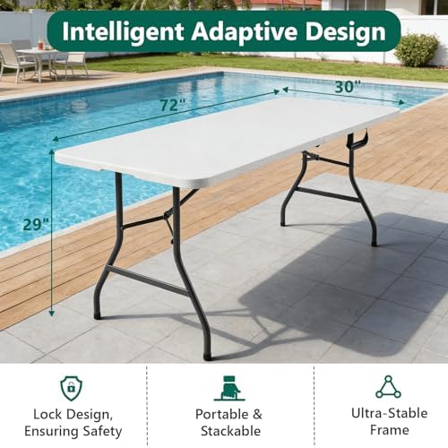 Folding Table 2 Pack, 6FT Folding Table Portable with Built-in Handle, Heavy Duty Plastic Table with Steel Legs Supports to 300lbs, Suitable for Party, Camping, Events Indoor&Outdoor Use, White