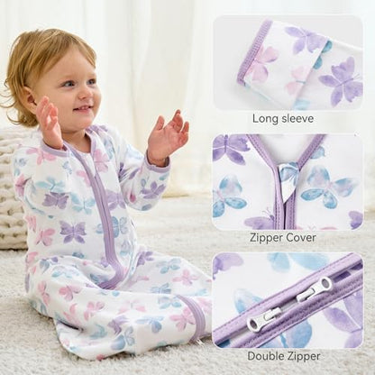 Baby Sleep Sack 12-18 Months, Long Sleeve Baby Wearable Blanket 0.5 Tog with Mittens, 2-Way Zipper Toddler Cotton Sleeping Sack for Boy and Girl Purple Butterfly 2 Pack(Large)
