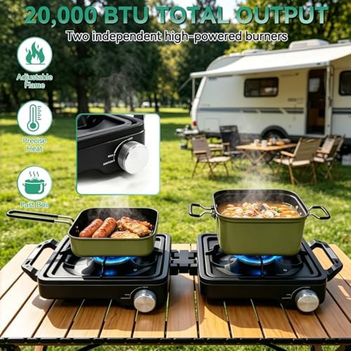 2 Burner Camping Stove 24000 BTU, Portable Propane Camp Stove Set, Black