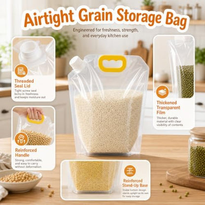 Airtight Grain Storage Bags with Handle - Cereal Containers with Pour Spout, Reusable Rice Food Sealed Container (5PCS,Medium-210 OZ)