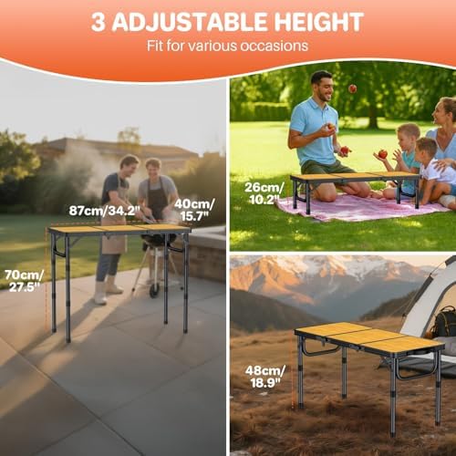 FUNYKICH 3ft Folding Camping Table, 3 Height Adjustable Max 27.5'', Yellow