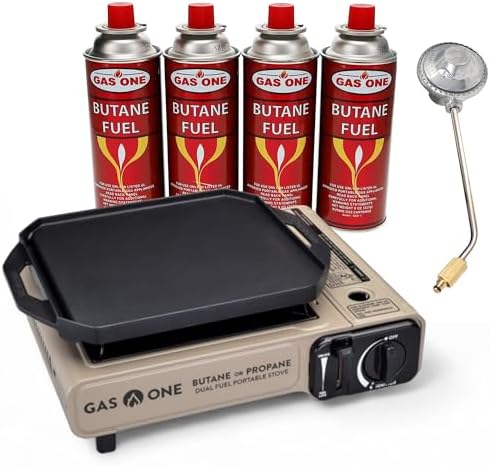 GasOne Propane or Butane Gas Stove with Flat Top Griddle Included – Dual Fuel Propane Grill Tent Stove Burners for Cooking for Camping, Kitchen – Diecast Aluminum with Non Stick Coating Stove + 4 Fuel