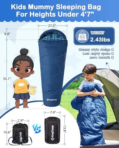 KingCamp 45°F Kids Sleeping Bag, 100% Flannel Sleeping Bag for 10-12 Child