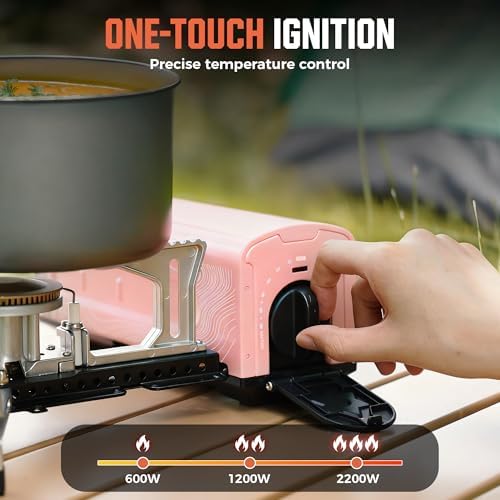 BIG HORN OUTDOORS Butane Camping Stove, Portable Folding Gas Burner with Carry Bag for Camping, Emergency Use and Outdoor Cooking, Pink
