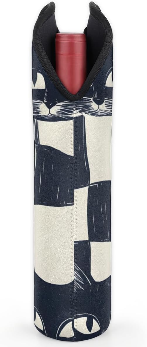 Neoprene Wine Tote, Bottle Carrier Gag Insulating Neoprene Thicker, Insulated Wine Bag for Travel Holds Two Bottles, Bottle Carrier Bags Protect the Bottles, Checkered Cat