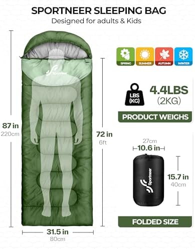 Sportneer Sleeping Bag, 3 Seasons Warm Cold Weather Sleeping Bags for Adults Kids Boys Girls with Compression Sack- Lightweight Camping Essentials Gear Accessories, Backpacking, Hiking
