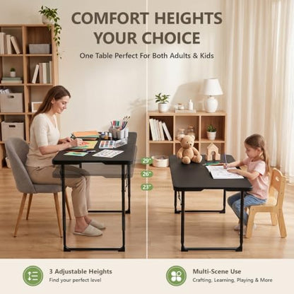 4FT Folding Table Adjustable Height Heavy Duty Plastic Folding Tables with Carry Handles, Fold-in-Half Portable Tables with Steel Legs for Party, Wedding, Camping, Picnic, Indoor Outdoor Events, Black