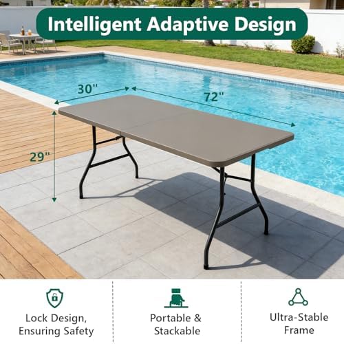 6FT Folding Table, Heavy Duty Plastic Fold-in-Half Utility Table with Handle, Portable Camping Picnic Table with Steel Legs for Indoor Outdoor Party, Dining, Khaki,2 Pack