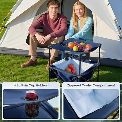 Portable Outdoor Folding Camping Table with 4 Cup Holders & Cooler Compartment, Waterproof Picnic Table for Picnic, BBQ, Beach, Hiking (Navy Blue)