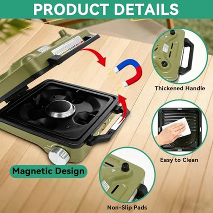 2 Burner Portable Camp Stove, 24000 BTU Propane Camping Stove with Windshield, Folding Gas Stove with Carry Bag, Compact Camping Essentials Gear for BBQ, Picnic, Outdoor Cooking, Grilling, Green