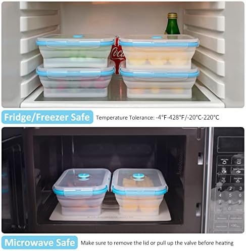 Collapsible Food Storage Containers with Airtight Lid & Vent, 27oz, Kitchen Stacking Silicone Collapsible Meal Prep Container Set for Leftover, Microwave Freezer Dishwasher Safe, Translucent, Set of 4