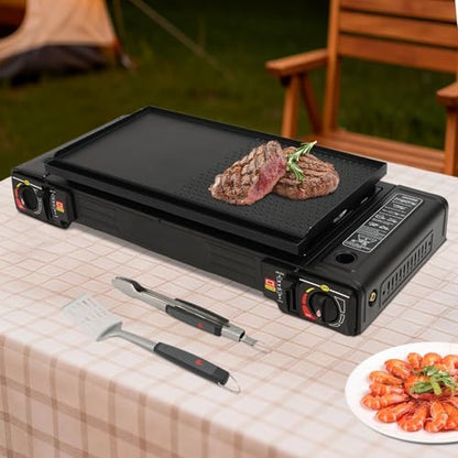 2 Burners Burner Butane Stove, Portable Camping Stove Kit with Baking Tray & Portable Case, Outdoor Travel Camp Stove for Camping, BBQ, Home