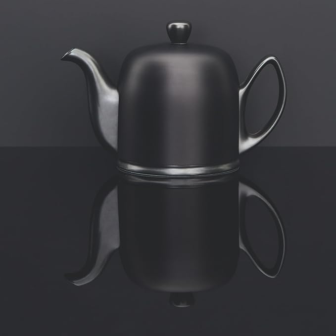 Degrenne Salam Luxury French Tea Pot - Porcelain Teapot with Stainless Steel Cover, Ceramic Tea Kettle for Loose Tea, Removable Infuser, 6 Cup Capacity, 36oz - Monochrome Green Almond