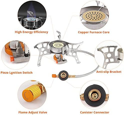 Camping Stove with Fuel Canister Adapter Portable Collapsible Gas Stove with Piezo Ignition-3900W-Lightweight-Windproof-Butane Adapter Camping and Backpacking Mini Stove Kit for Hiking