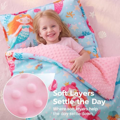 JOIEDOMI Toddler Nap Mat with Removable Pillow and Minky Blanket 55''x30'' Kids Sleeping Bag for Boys and Girls Ages 3-6 Roll Up Soft Nap Mats for Preschool Kindergarten Daycare Sleepover