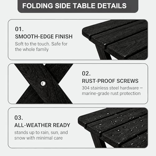 Folding Outdoor Side Table,Small HDPE Patio Table,All-Weather Compact Portable End Table for Patio,Porch,Pool,Black,11.8" D x 15.7" W x 15.7" H