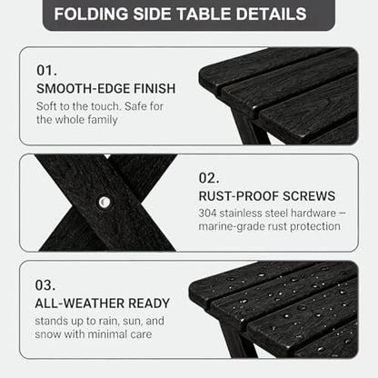 Folding Outdoor Side Table,Small HDPE Patio Table,All-Weather Compact Portable End Table for Patio,Porch,Pool,Black,11.8" D x 15.7" W x 15.7" H