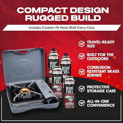 Chef Master Butane Camping Stove - Combo w/ 4x Fuel Canisters, 10,000 BTU
