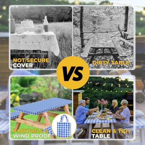 Vinyl Fitted Picnic Table Cover with Bench Covers & Blue 6ft Blue Checkered