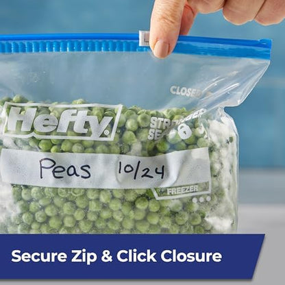 Hefty Slider 1 Gallon Freezer Bags, Gallon Slider Bags for Freezer, Holds Raw Meat, Soups, Prepped Fruits and Veggies, and More, Writable Label, Secure Zip_and Click Closure 56 Count (Pack of 4)