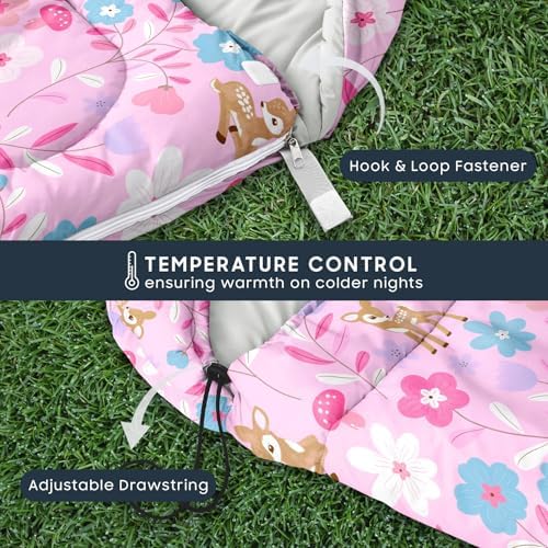Wake In Cloud - Kids Sleeping Bag for Girls Toddlers, Camping in Warm Cold Weather, Backpacking Lightweight Compact Outdoor Liner for 3 Seasons, Deer Floral Garden