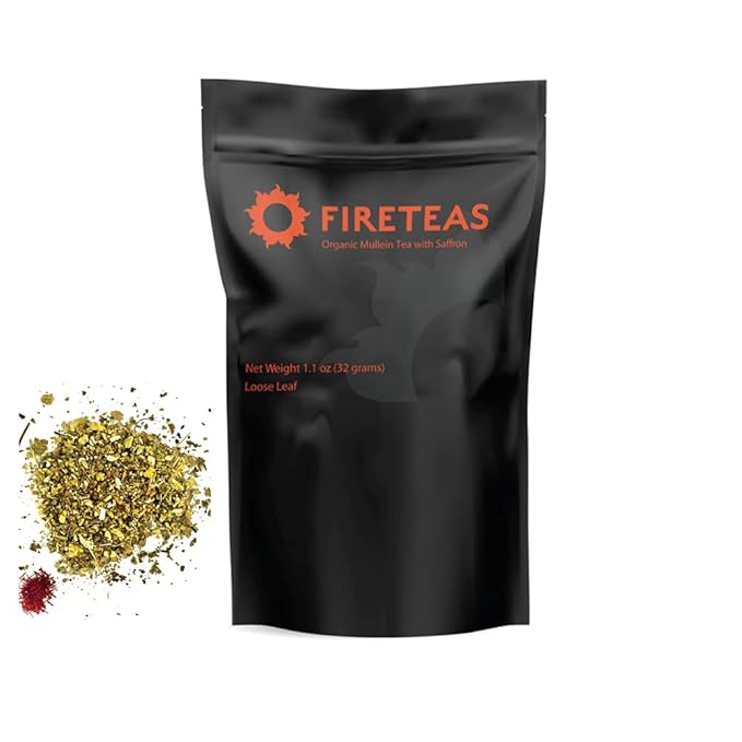 FIRE TEAS Organic Mullein Leaf Herbal Tea w/Ginger & Saffron - Respiratory & Lung Cleanse Herbal Tea, Mucous Membranes Support, Great Health Benefits, Loose Leaf -
