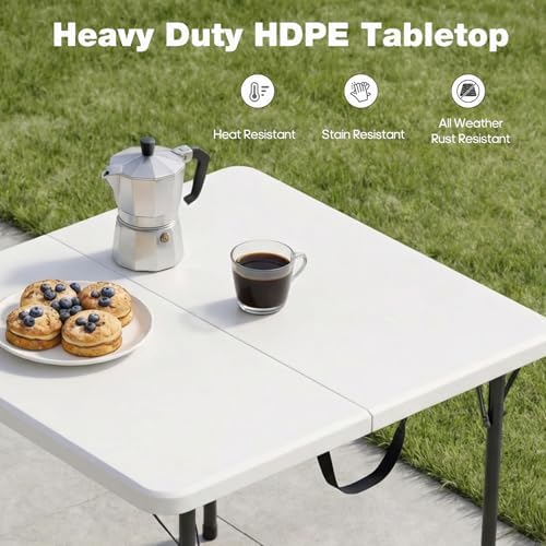 34" Square Folding Table for 4 Person, 330lbs Weight Capacity Foldable Table with HDPE Tabletop & Heavy-Duty Steel Legs, Large Portable Picnic Table for Indoor Outdoor Parties, Camping, White