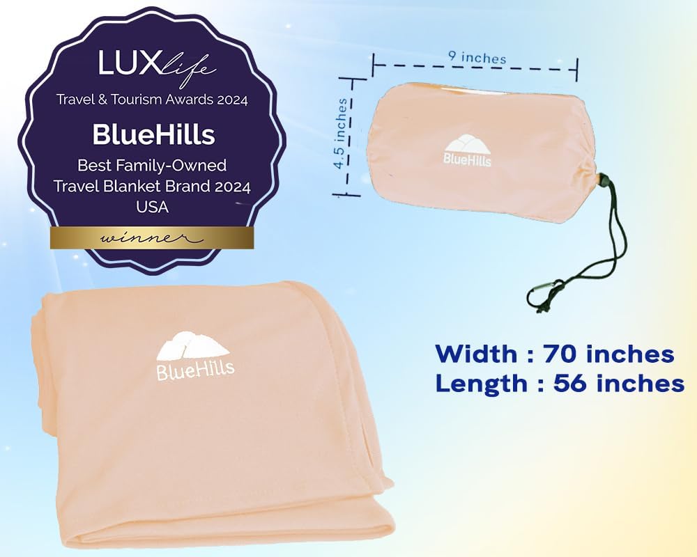 BlueHills Ultra Compact Travel Blanket Pillow for Airplane Traveling Essential Long Flight Trip Throw in Bag Portable Case Large Plane Accessories Beige - C007