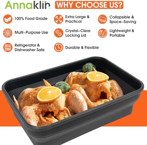 Silicone Collapsible Marinating Container with Lid for Meat, 2.64Gal/10L, Extra Large Collapsible BBQ Prep Tub, Transparent Locking Lid, XL Grill Prep Trays and Carry System, BBQ Must-Have, Black
